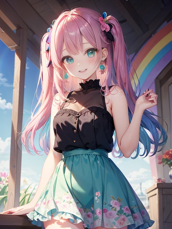 小さなgirl、The arrival of spring、big ass、 (alone:1.5,)Super detailed,bright colors, very beautiful detailed anime face and eyes, look straight, ;d, shiny_skin,girl,(((rainbow colored hair, colorful hair, Half black、half pink hair: 1.2))) 、forehead is exposed.、green eyes、、shiny hair, delicate beautiful face, blush、(turquoise eyes), White skin, Valletta, earrings,、blue flower field、(((See-throughmPink ruffled dress with floral print、purple mini skirt)))、twin tails、smile、smile、Face dyed red