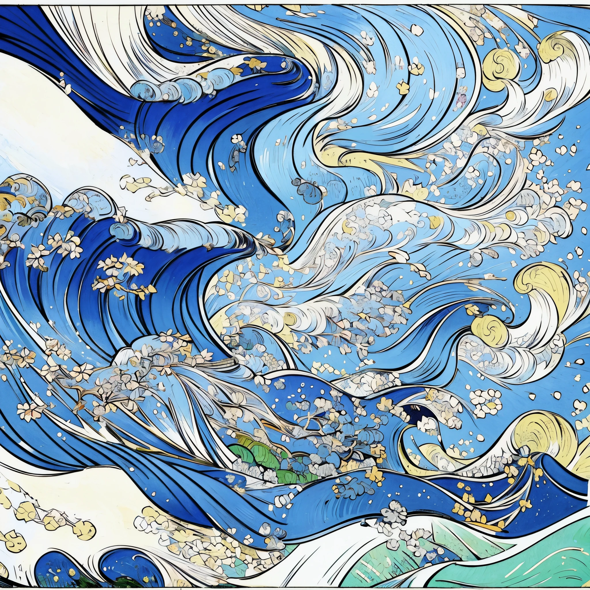 The Great Wave off Kanagawa, hokusai, illustration, high quality, best quality, masterpiece, (highly detailed:1.2), (extremely detailed:1.3), van gogh