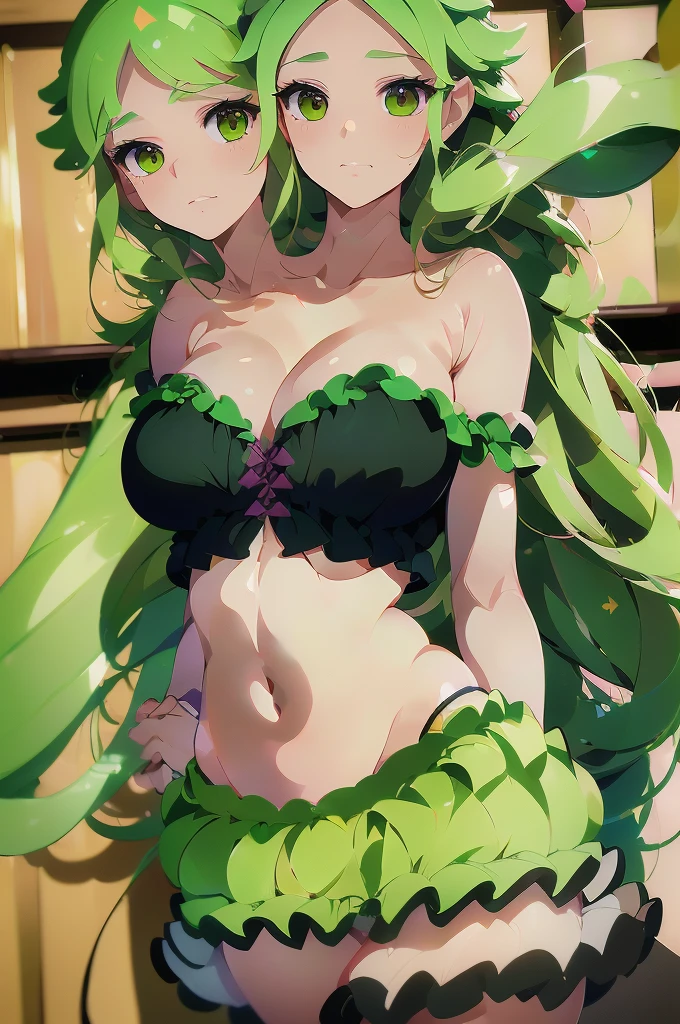(masterpiece, best quality), best quality, best resolution, (ultra-detailed), (3heads:1.5), 1girl, (fuma mishandra:1.3), masterpiece, best quality, ultra quality, ultra resolution, ultra detail, black top, crop top, ((stomach)), midriff, ((groin)), black skirt, miniskirt, normal ears, , green hair, very long hair, wavy hair, sidelocks, green eyes, parted lips, open belly, sweat, cute, toned belly, hand on own , eyelashes, (24 year old woman:1.3), (masterpiece:1.5), (best quality:1.5), (beautiful detailed), extremely detailed CG, extremely delicate and beautiful, depth of field, (finely detailed face), (perfect details:1.2), (mature female:1.3), wide pelvis, slender, large veiny , 16k resolution, highres, high quality, high definition, extremely detailed, masterpiece, green hair, long hair, alluring presence, twin braid, short skirt, close up, big , young,