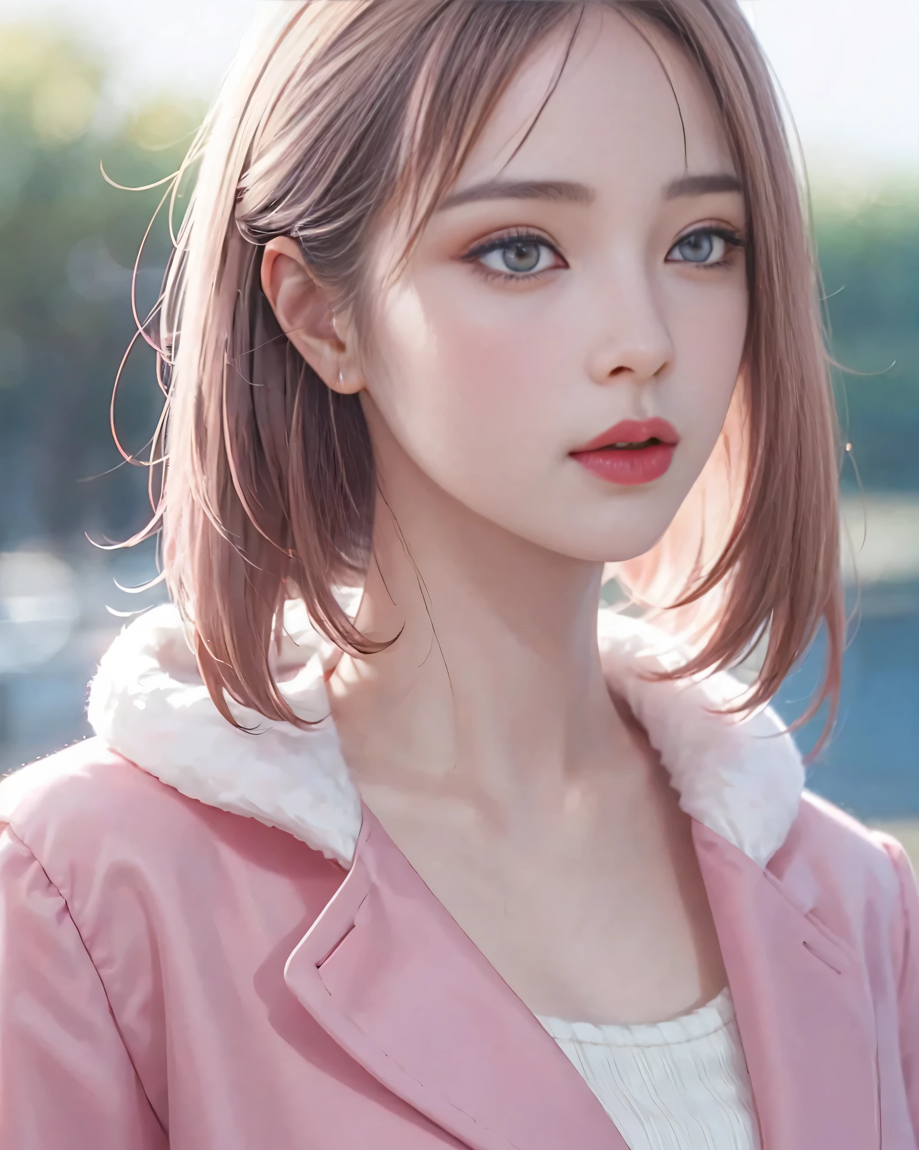 Beautiful girl with realistic black eyes, pale skin, Medium hair in pink color, perfect face, perfect eyes, wearing a coat, very detailed, comprehensive movie, digital painting, 8K, cinematic lighting, highest quality, High resolution, Great job!, Post-processing, perfect result, surreal，big breasts，