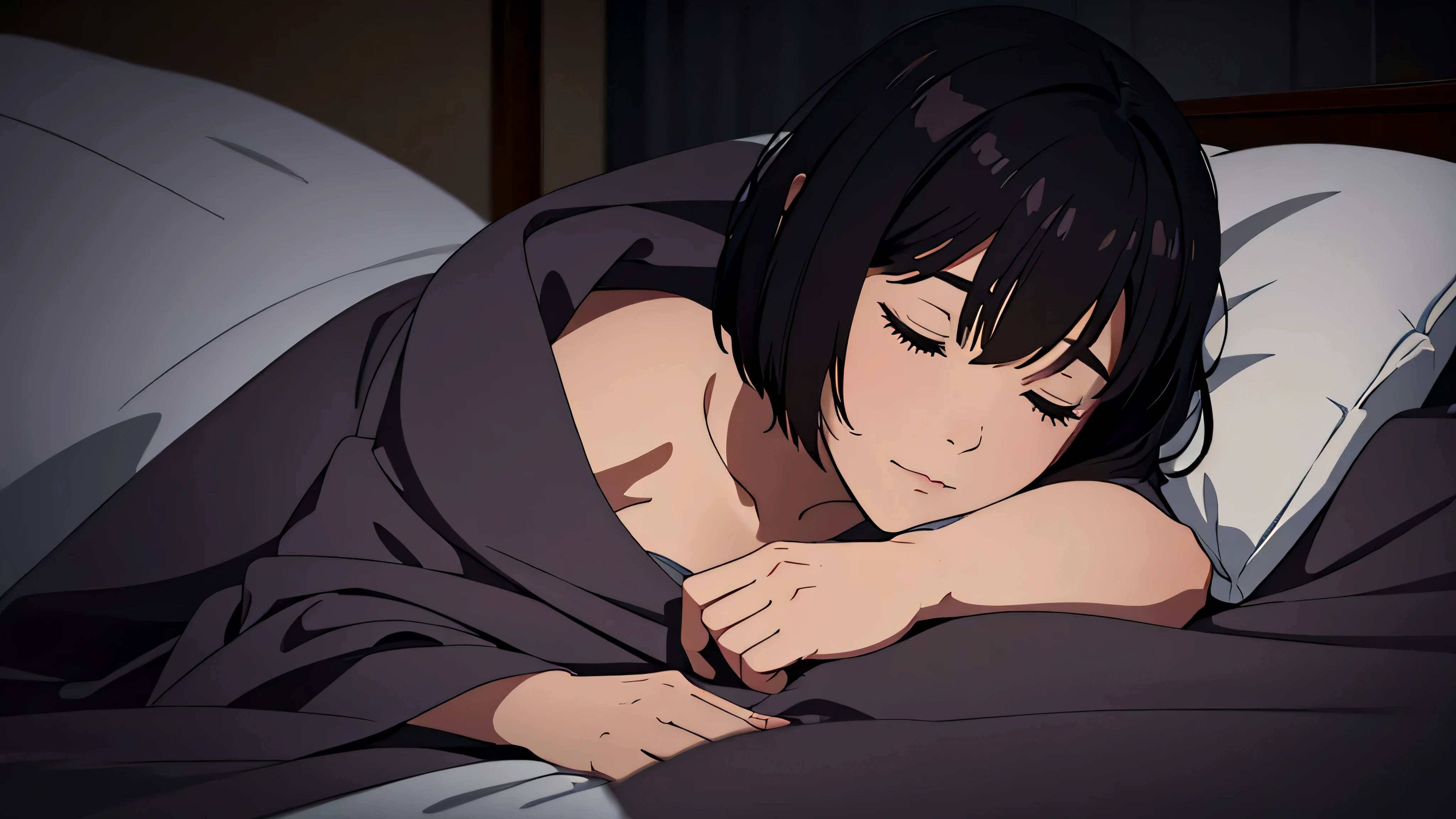 Generate an image of a woman with blackish-brown short bob hair, peacefully asleep on a bed in a
completely dark room with no direct light on her. She has a contented sleeping expression, and a blanket covers her up to her shoulders. The focus should be on her face and hair, with no exposure of her chest. The setting is nighttime