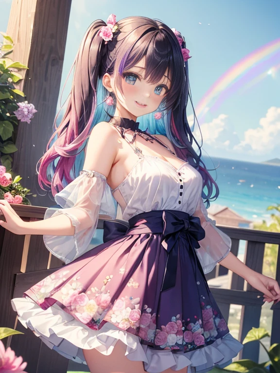 小さなgirl、The arrival of spring、big ass、 (alone:1.5,)Super detailed,bright colors, very beautiful detailed anime face and eyes, look straight, ;d, shiny_skin,girl,(((rainbow colored hair, colorful hair, Half black、half pink hair: 1.2)))  、forehead is exposed.、green eyes、、shiny hair, delicate beautiful face, blush、(turquoise eyes), White skin, Valletta, earrings,、blue flower field、(((See-through、Pink ruffled dress with floral print、purple mini skirt)))、twin tails、smile、smile、Face dyed red