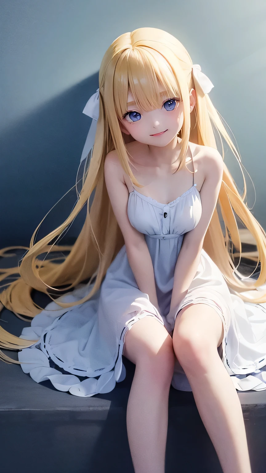 very cute girl、15 years old、light yellow hair、long straight hair、Bangs are too close to the eye、Light Blue Eye、normal ears、thin arms、Beautiful body、slim legs、big eyes、large, well-shaped breasts,、clear white skin、smile、、long dress、White and blue、Super high quality、digital single lens reflex、