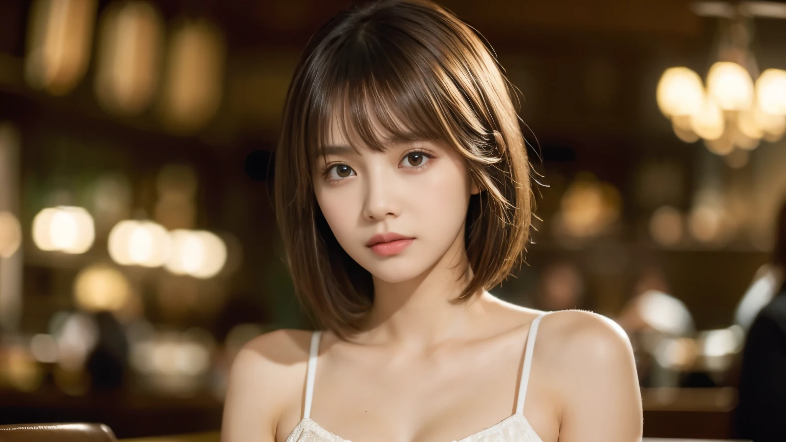 (masterpiece, Super detailed, very detailed, exquisite, 16k, confused), woman, 19 years old, glamorous, (Refreshing breeze:1.4), looking at the viewer, short hair, messy hair, diagonal bangs, brown hair, brown eyes, Upper body, cinematic lighting, Blurry background in focus, inside a stylish cafe, Urban Cafe 