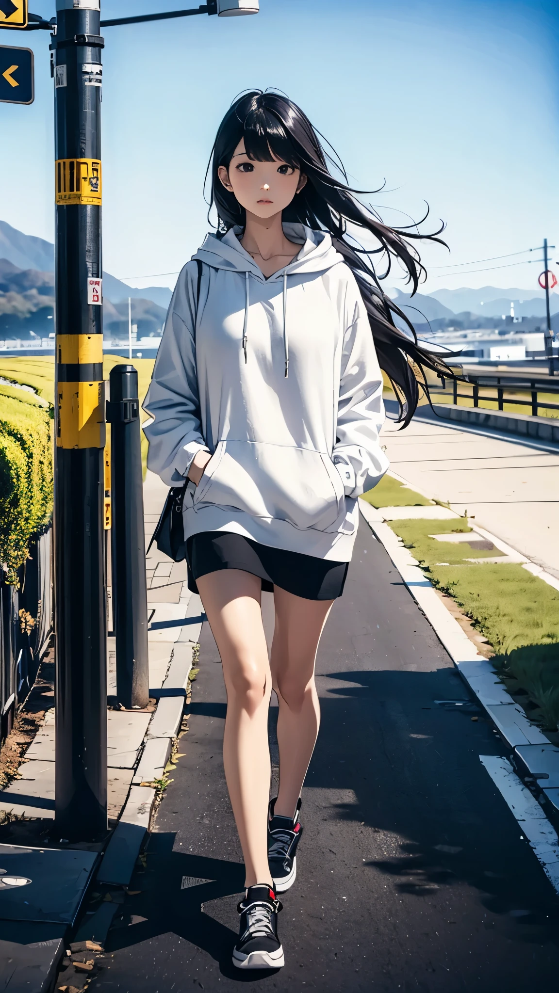 Long black hair, cool woman, alone, wearing white hoodie,Landscape、walk、full shot、new york