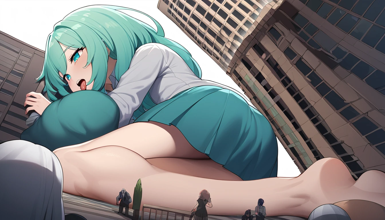 huge, girl,short skirt,teasing,A giant girl taller than a building,Toyed around,shrouded in the villain,Lying on his stomach,Face down,Sticking out the tongue,Licking the miniature building,Toyed around,low angle of view,arroganthuge,Light cyan hair,Teenage girl,short skirt,Teasing the villain,A giant girl taller than a building,arrogant,Those who don't wear shoes,There are several villains under their feet