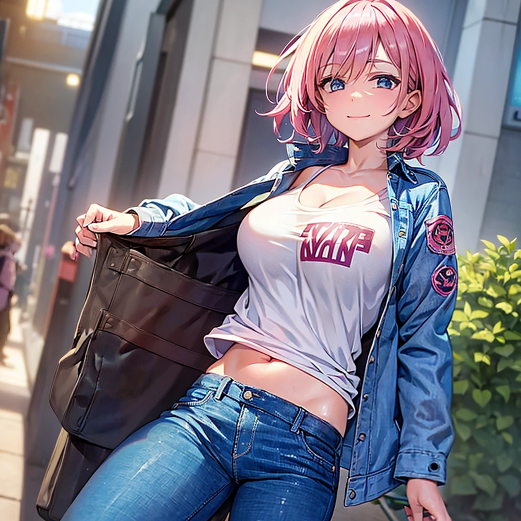young girl, short pink hair, pink eyes, Pink Assassin's Clothes, open breasts, smirk, Masterpiece, hiquality