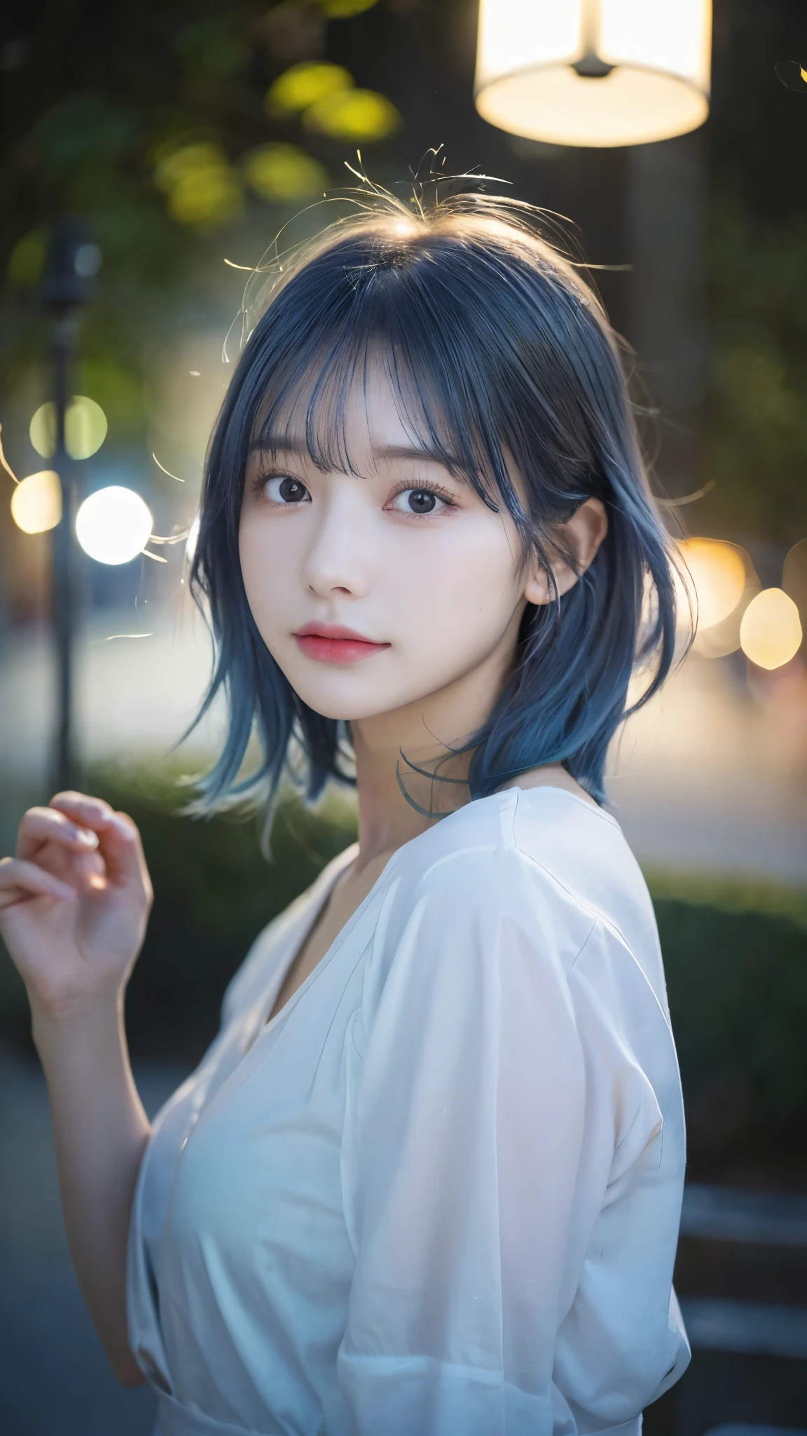 front of body、lightly dressed、exposed、thin white shirt、(highest quality,masterpiece:1.3,超A high resolution,),(super detailed,caustics),(Photoreal:1.4,RAW shooting,)ultra-realistic capture,very detailed,High definition 16K for human skin、 Natural skin texture、、Skin looks even-toned and healthy、 Use natural light and color,one woman,Japanese,,cute,Blue-haired,middle hair,(Depth of the bounds written、chromatic aberration、、wide range of lighting、natural shading、)、(outdoor lights at night:1.4)、(hair swaying in the wind:1)、short hair、hair ornaments、Put on your ears