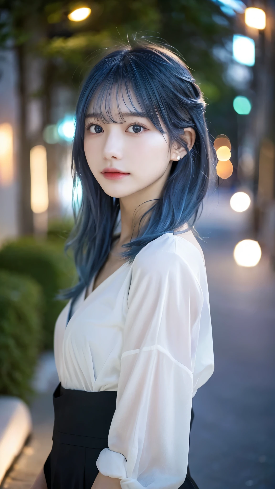 front of body、lightly dressed、exposed、thin white shirt、(highest quality,masterpiece:1.3,超A high resolution,),(super detailed,caustics),(Photoreal:1.4,RAW shooting,)ultra-realistic capture,very detailed,High definition 16K for human skin、 Natural skin texture、、Skin looks even-toned and healthy、 Use natural light and color,one woman,Japanese,,cute,Blue-haired,middle hair,(Depth of the bounds written、chromatic aberration、、wide range of lighting、natural shading、)、(outdoor lights at night:1.4)、(hair swaying in the wind:1)、short hair、hair ornaments、Put on your ears