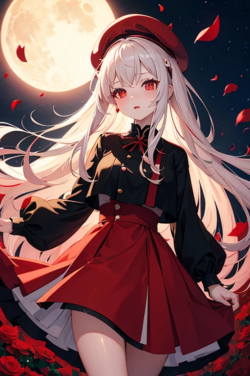 A beautiful anime girl,age 20 years,wearing long creamy black and red dress and red beret,red lips,blushing,surrounded by red rose petals,at night,Glowing ethereal,like a moon at night pale skin 