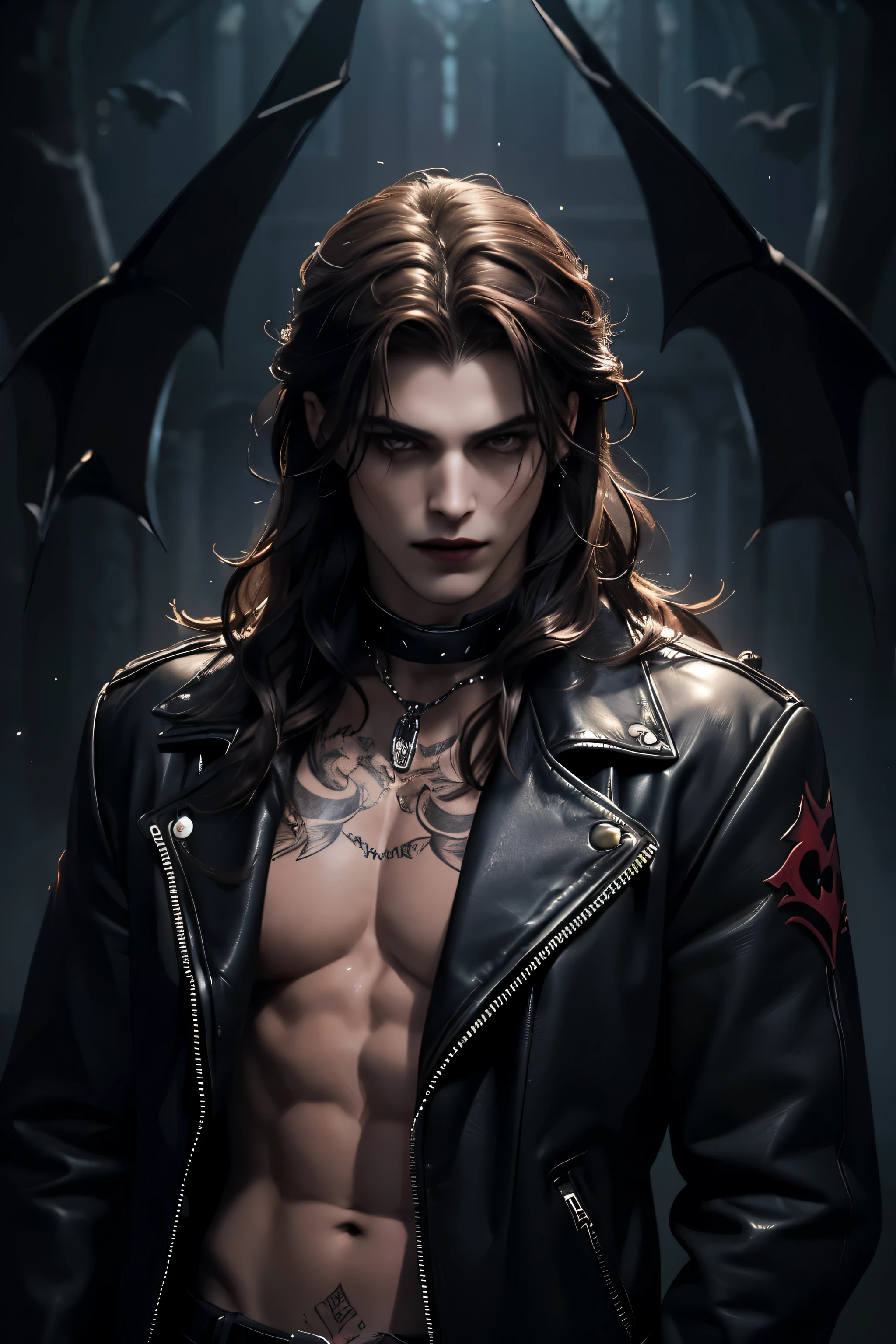 ((Best quality)), ((masterpiece)), (detailed), ((perfect face)), ((halfbody)) perfect proporcions,He is a handsome vampire, he is 18 years old, , bare chest, piercings and tattoos, badass, he wears open leather jacket he has long wavy hair, he has brown hair, he wears gothic makeup, sky night, bats flying around him, he's sexy, ((perfect face)) there are bats flying around him, fullbody+ vampire ambience ((perfect face)) fullbody+ vampire ambience, ((vampire ambience))