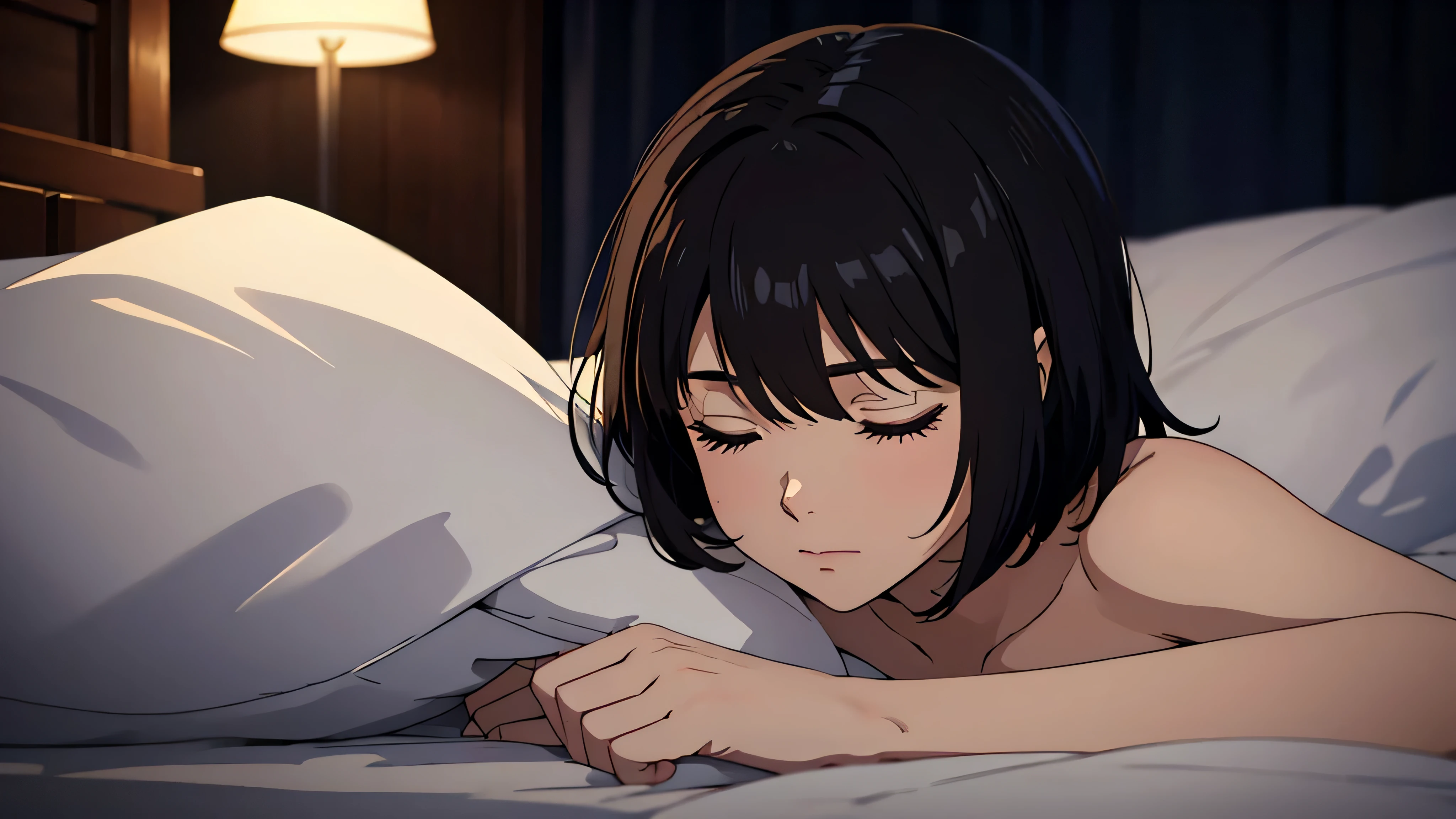 Generate an image of a woman with blackish-brown short bob hair, peacefully asleep on a bed in a completely dark room with no direct light on her. The room should be pitch black, with all lighting turned off. The woman should not be illuminated, creating a strong contrast. She has a contented sleeping expression, and a blanket covers her up to her shoulders. Focus on her face and hair, with no exposure of her chest. The setting is nighttime.