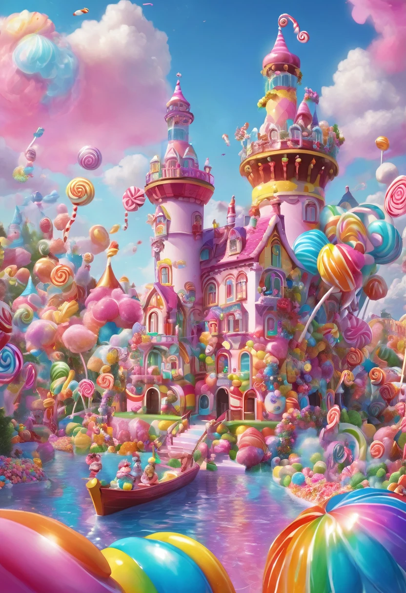 1girl, Candyland, aesthetic, (best quality, highres), ultra-detailed, (realistic:1.37), vibrant colors, candy-themed, dreamlike, enchanting, whimsical, sunlit, joyful, playful, sugary attire, magical, enticing aroma, candy castle, candy river, cotton candy clouds, lollipops, candy cane columns, sugar sculptures, gumdrop boats, candy fish, vibrant flowers, cheerful musicians
