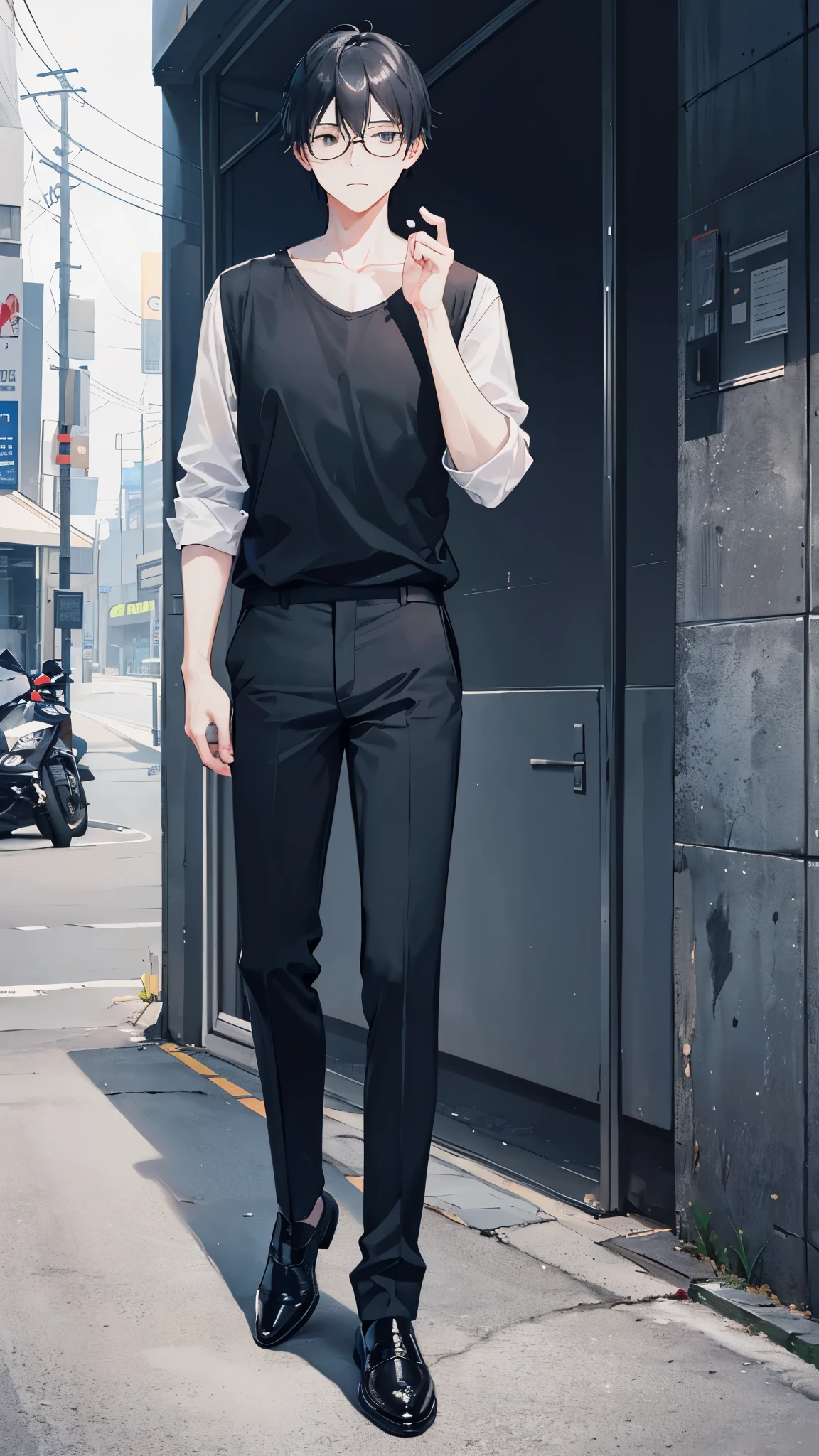 one man、black hair、black eye、black glasses、black shirt、Grey trousers、Dark blue shoes、full body portrait、stand、face forward