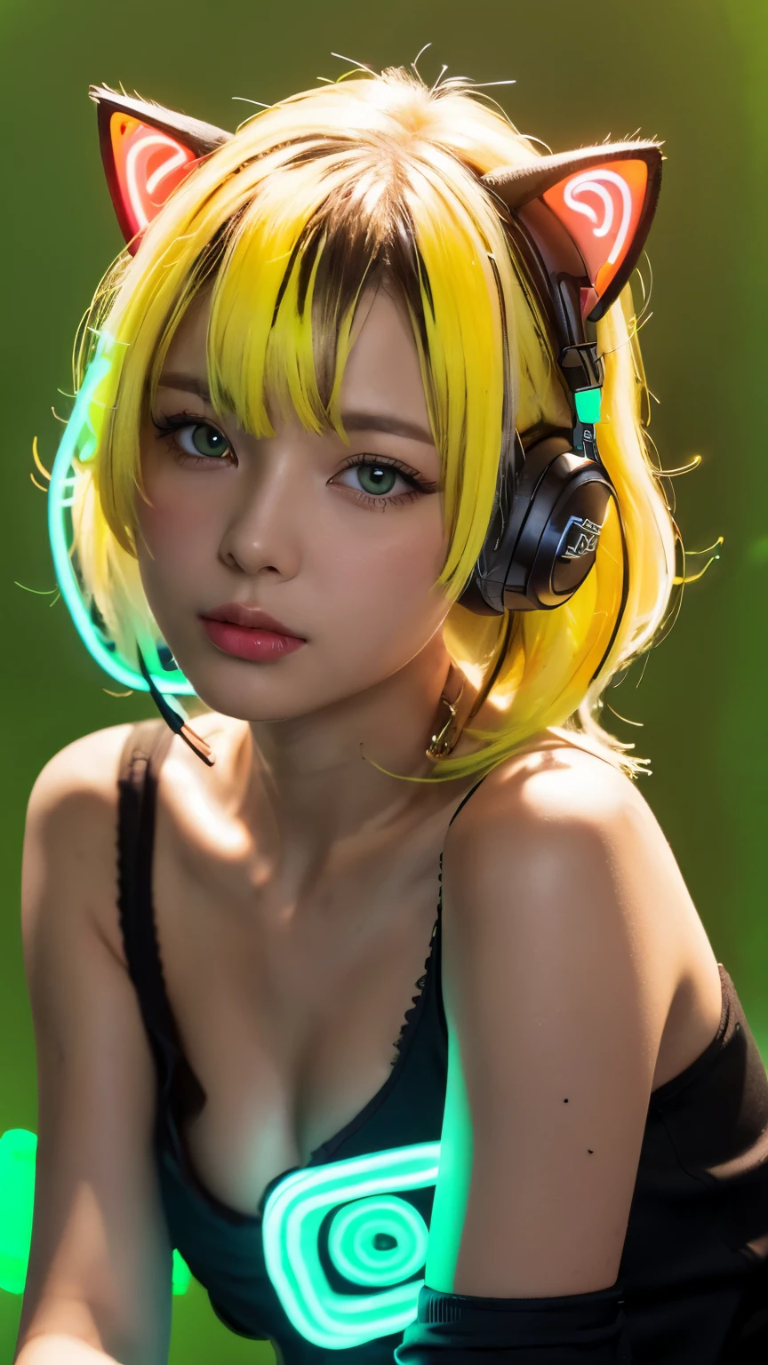 masterpiece, highest quality, 4K, Photorealistic, bokeh, enlightenment,1 perfect portrait of a girl, (A fascinating eye for perfect detail:1.2), colorful hair, (gradient hair), (neon yellow hair:1.6), (Cat ear:1.2), fantasy background, (exposed bare shoulders), (long-term alienation sleeve), (lean forward a little), head tilt, movie lighting, oversized clothes, (seductive pose:1.4), (neon yellow background:1.6), Light green beautiful eyes, close up,
