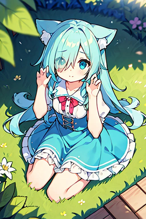 (solo:1.2)),loli, cute girl sitting,(kneeling),long skirt,from above,looking up,aqua hair,long hair,(hair over one eye),(dappled sunlight:1.2),blurry,(depth of field:1.1),head tilt,paw pose, frilled dirndl, nekomimi