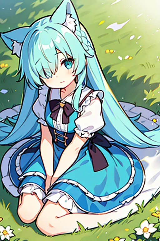 (solo:1.2)),loli, cute girl sitting,(kneeling),long skirt,from above,looking up,aqua hair,long hair,(hair over one eye),(dappled sunlight:1.2),blurry,(depth of field:1.1),head tilt,paw pose, frilled dirndl, nekomimi