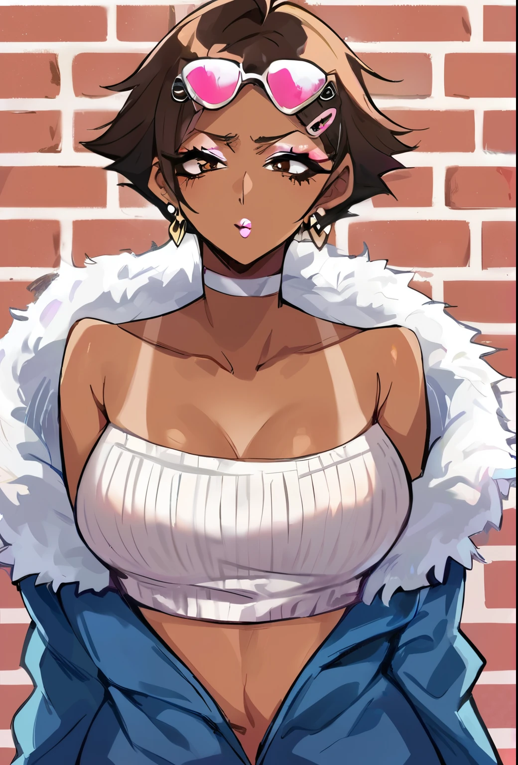 Score_9, score_8_up, score_7_up, score_6_up,  gyaru, source_anime, 1girl, solo, white background,  brick wall backdrop, upper body, looking at viewer, BREAK, earrings, BREAK, thin pink lips, tanned skin, pink makeup,  ribbed sweater, fur trim, bare shoulders, off shoulder, white choker, hairclip, midriffchan, tomboy, midriff, thighhighs, (dark skin), choker, (blue jacket), sunglasses on forehead, ahoge, piercings, toned, (short brown hair)