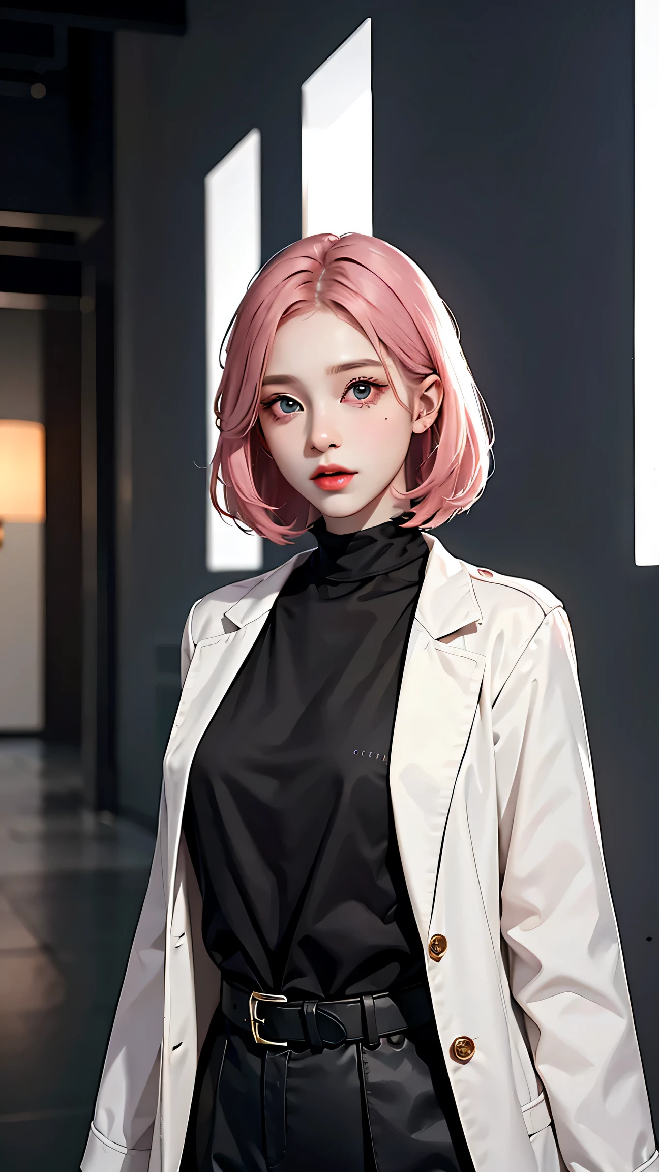 Beautiful girl with realistic black eyes, pale skin, Medium length pink hair, perfect face, perfect eyes, wearing a coat, very detailed, comprehensive movie, digital painting, 8K, cinematic lighting, highest quality, High resolution, great work, Post-processing, perfect result, surreal,big breasts,