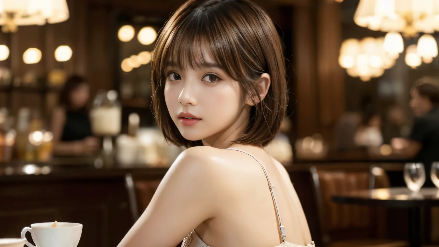 (masterpiece, Super detailed, very detailed, exquisite, 16k, confused), woman, 19 years old, glamorous, (Refreshing breeze:1.4), looking at the viewer, short hair, messy hair, diagonal bangs, brown hair, brown eyes, Upper body, cinematic lighting, Blurry background in focus, inside a stylish cafe, Urban Cafe