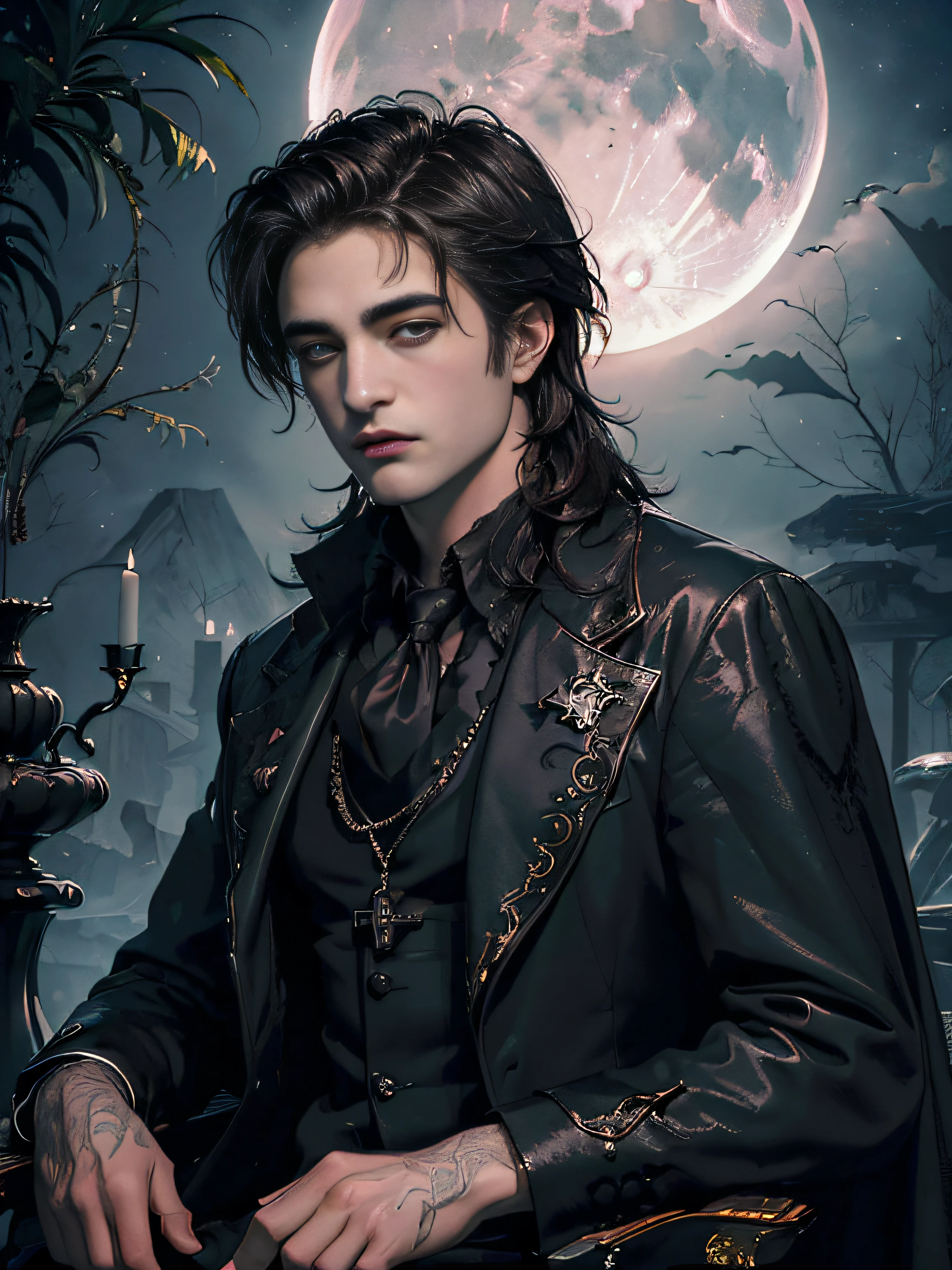 (masterpiece、top-quality、top-quality、Detailed and complex、official art、aesthetically pleasing:1.3)、(1 dark haired male vampire with fangs in:1.3)、(Robert Pattinson look) (revealing fangs) (realistic art:1.3)、black suit, white and black accessories, gothic castle background. Moon and stars background