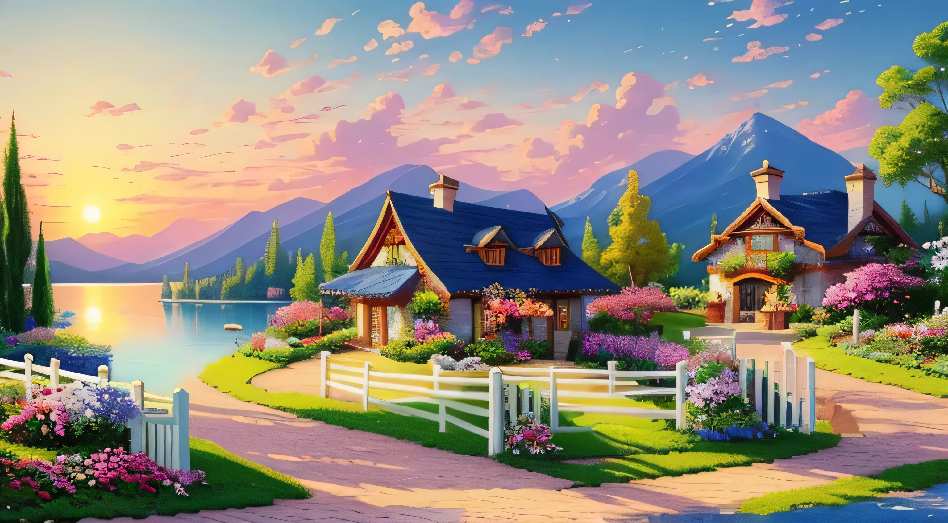 villa painting, flowers next to the fence, fence along the road, Mountain landscape with lake and boats, Birds flying in the blue sky, Illustration Matte Paint, Inspired by Thomas Kinkade, symmetrical matte paint, detailed scenery , a raw style, 8K ultra-detailed、sunrise、