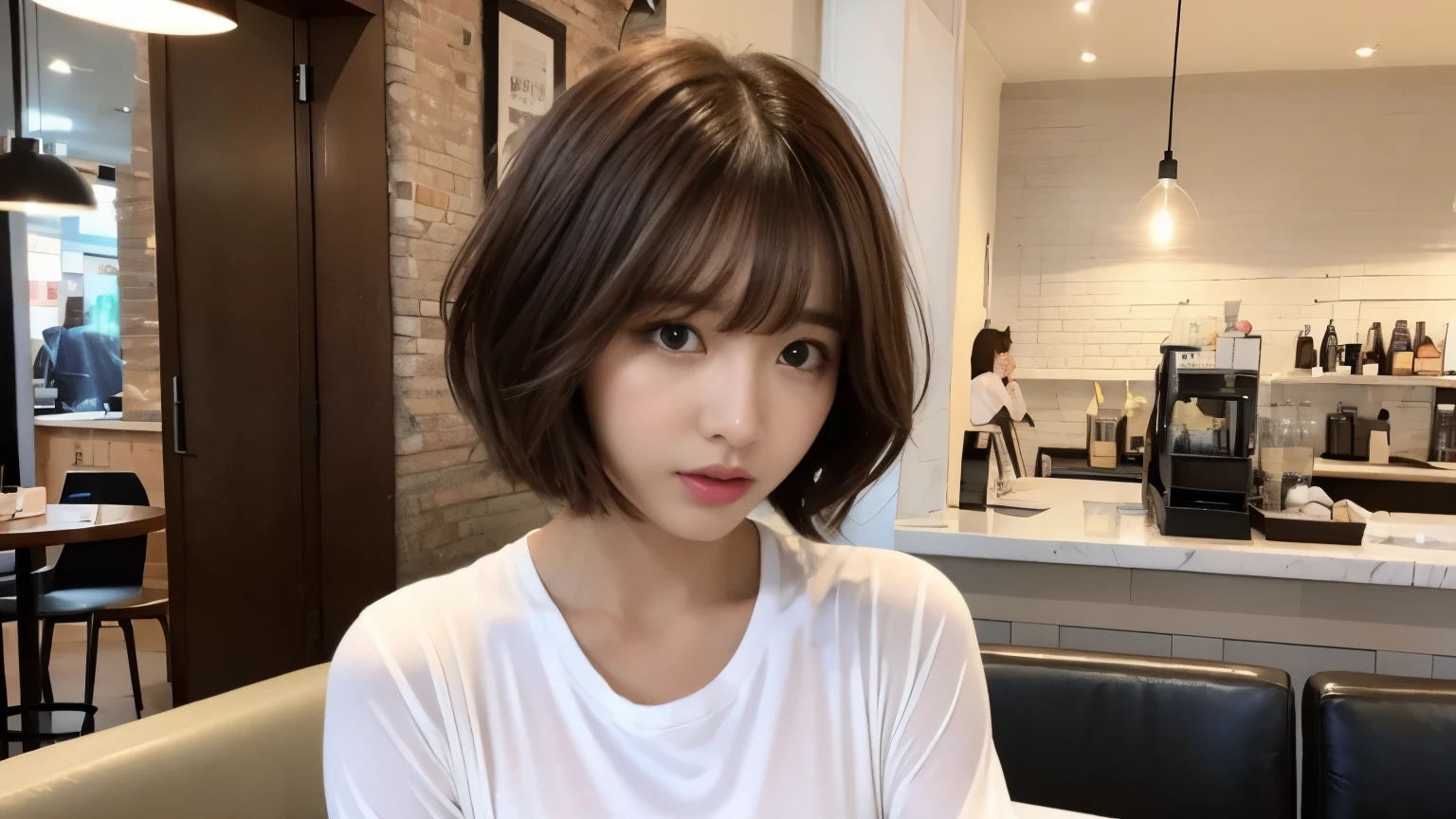 brown hair、short hair、With bangs、Beautiful woman、sexy body、white jacket(The inner layer is a black scoop neck T-shirt...)、inside a stylish cafe