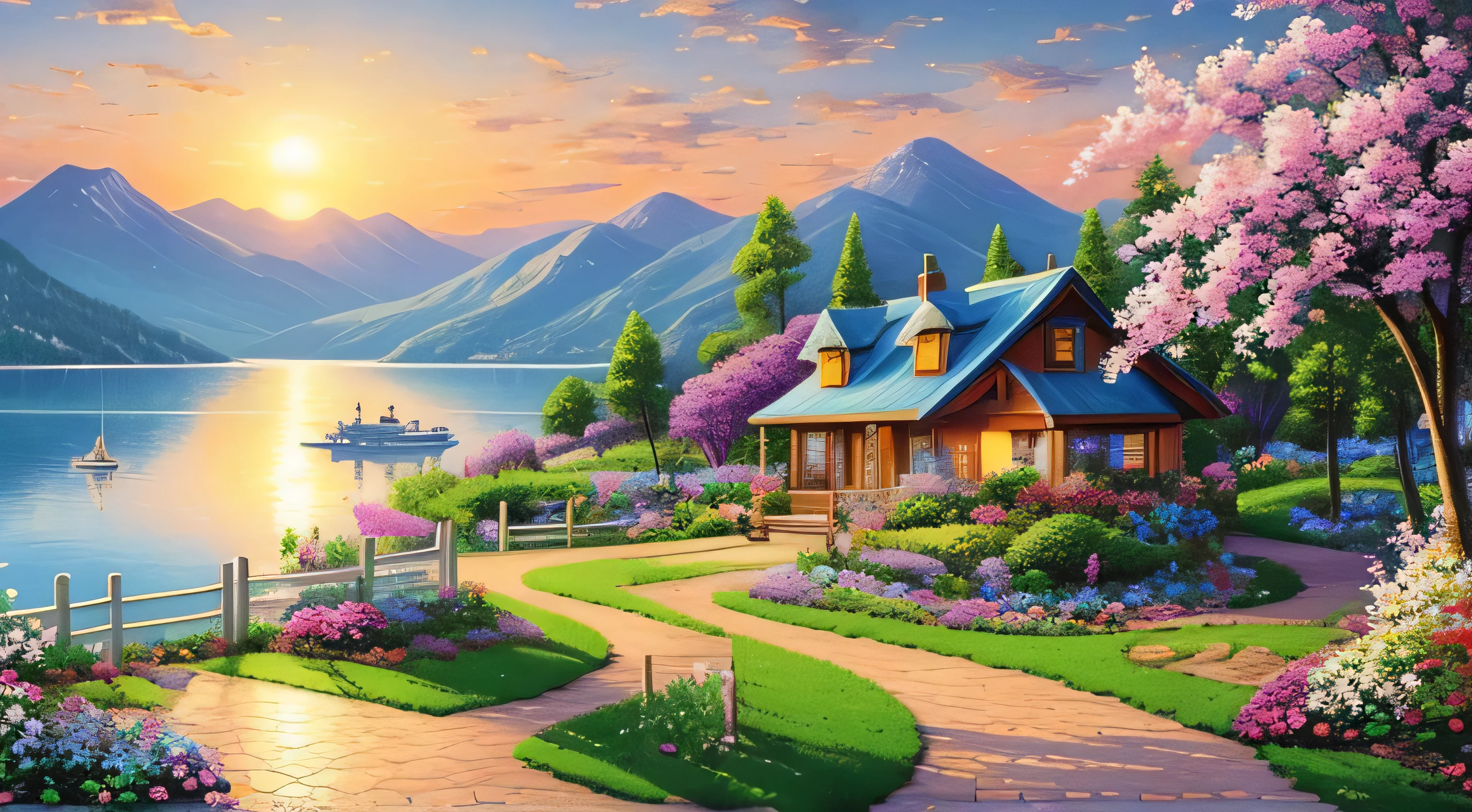 villa painting, flowers next to the fence, fence along the road,  Mountain landscape with lake and boats, Birds flying in the blue sky, Illustration Matte Paint,  Inspired by Thomas Kinkade, symmetrical matte paint, detailed scenery , a raw style, 8K ultra-detailed、sunrise、