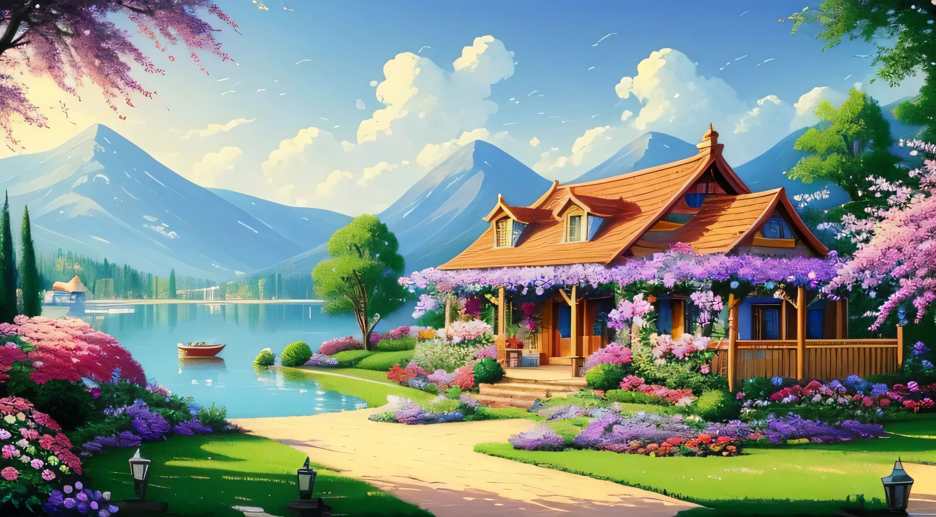 villa painting, flowers next to the fence, fence along the road, Mountain landscape with lake and boats, Birds flying in the blue sky, Illustration Matte Paint, Inspired by Thomas Kinkade, symmetrical matte paint, detailed scenery , a raw style, 8K ultra-detailed、sunrise、