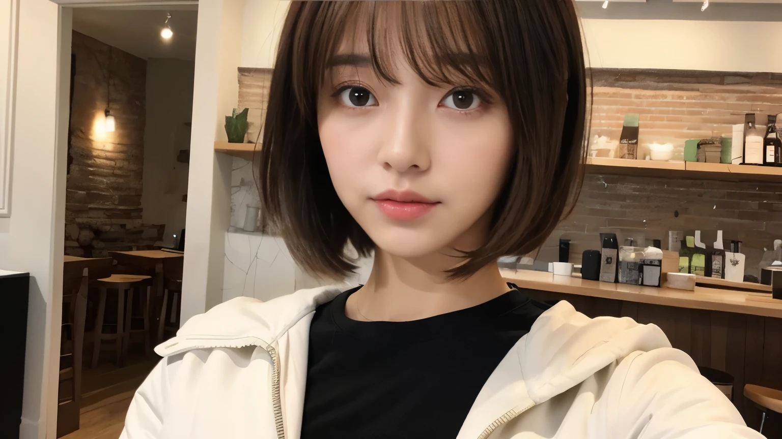 brown hair、short hair、With bangs、Beautiful woman、sexy body、white jacket(The inner layer is a black scoop neck T-shirt...)、inside a stylish cafe