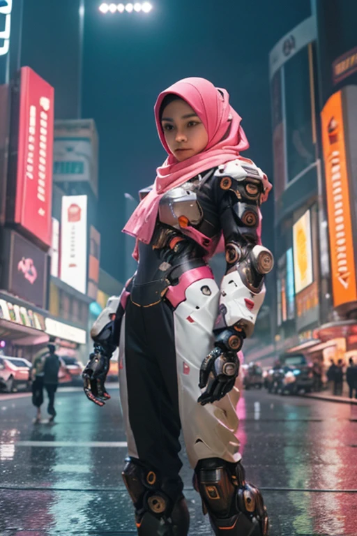 a malay teenage girl in hijab and mecha suit standing in action in front of bustling kuala lumpur malaysia city streets, serious face, nighttime, 35mm lens, Extreme close-up, pastel color grading, depth of field cinematography effect, film noir genre, 8k resolution, high quality, ultra detail