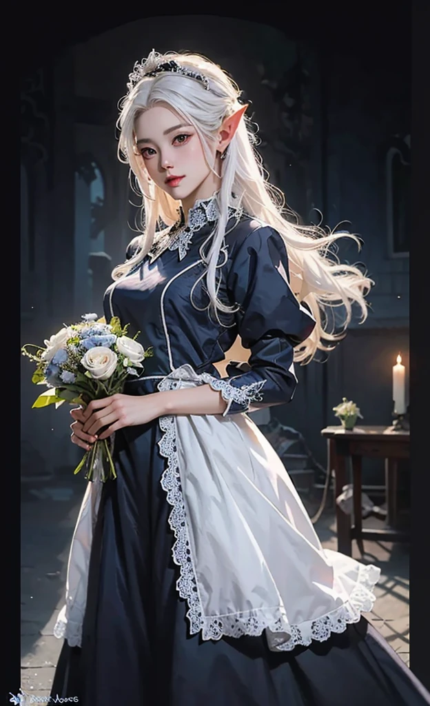 anime girl with white hair and blue dress holding a bouquet, beautiful celestial mage, beautiful character painting, extremely detailed artgerm, beautiful and elegant elf queen, wlop rossdraws, 8k high quality detailed art, fantasy art style, anime fantasy illustration, by Yang J, detailed fantasy art, fanart best artstation, wlop and rossdraws