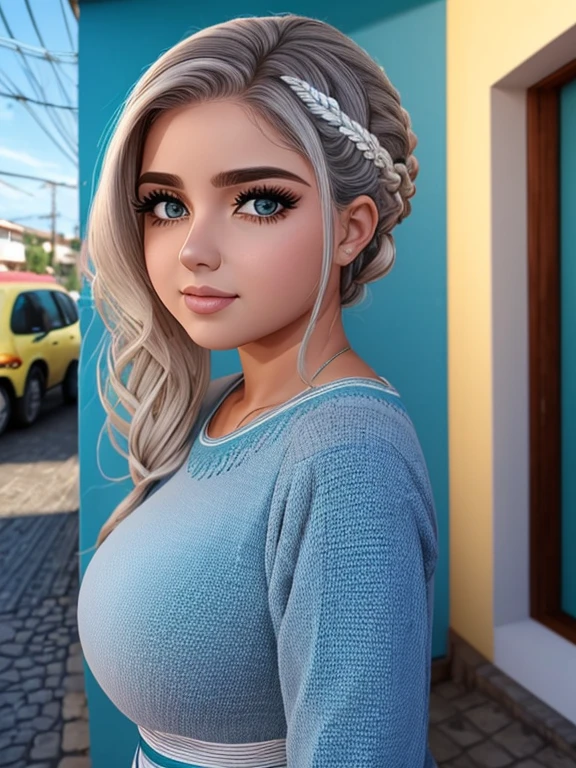 Garota sedutora, olhos azuis, cabelo loiro, seios empinados, vestido curto feminino ombro a ombro, Sem calcinha, luzes da rua, cidade noturna, vista de baixo, saia levantada