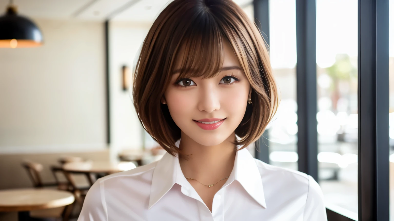 product quality, upper body shot, Front view, inside a stylish cafe, 1 girl, young beautiful japanese woman, short bob hair, hyper pretty face, glamorous, I wear a satin silk white shirt with short sleeves and long sleeves with a collar, Lots of smiles at the cafe, glossy lips, double eyelids of both eyes, natural makeup, long eyelashes, shiny smooth light brown hair, asymmetrical bangs, tanned skin, center image, High resolution, high detail, detailed hairstyle, detailed face, movie lighting, surreal, perfect body,