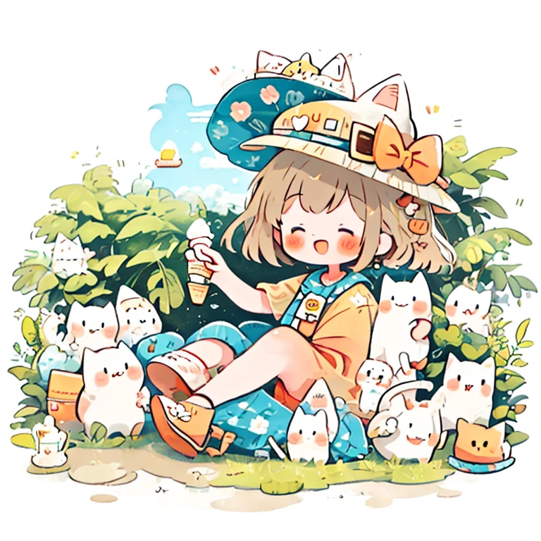 Summer girl, ice cream, hat, sunglasses, happiness and elegant, cat, plant