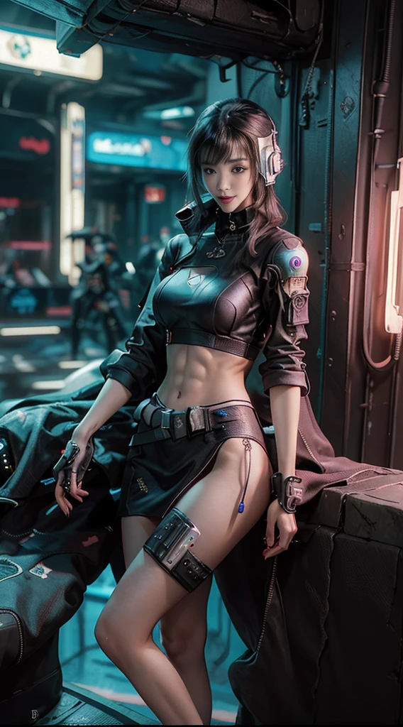 ((highest quality)), ((masterpiece)), (be familiar with:1.4), 3D, (((Beautiful cyberpunk woman image、 Photo texture:1.5))), ((highest quality, 8K, masterpiece :1.3)), real beauty, smile, medium breasts、Slim Full Body, slim face, Beautiful woman,HDR 、Cyberpunk Ruins Background、(high dynamic range),ray tracing,NVIDIA RTX,super resolution,real 5,Scattered beneath the surface,PBR texturing,Post-processing,anisotropic filtering,Depth of the bounds written,Maximum clarity and sharpness,multilayer texture,Albedo and specular maps,surface shading,Accurate simulation of light-matter interactions,perfect proportions,octane rendering,two-tone lighting,wide aperture,Low ISO,White balance,Rule of thirds,8K RAW,（((Sexy thighs are visible、No sleeve、High leg、beautiful abs))）、(Dark brown wavy hair)、（Perfect cute look）