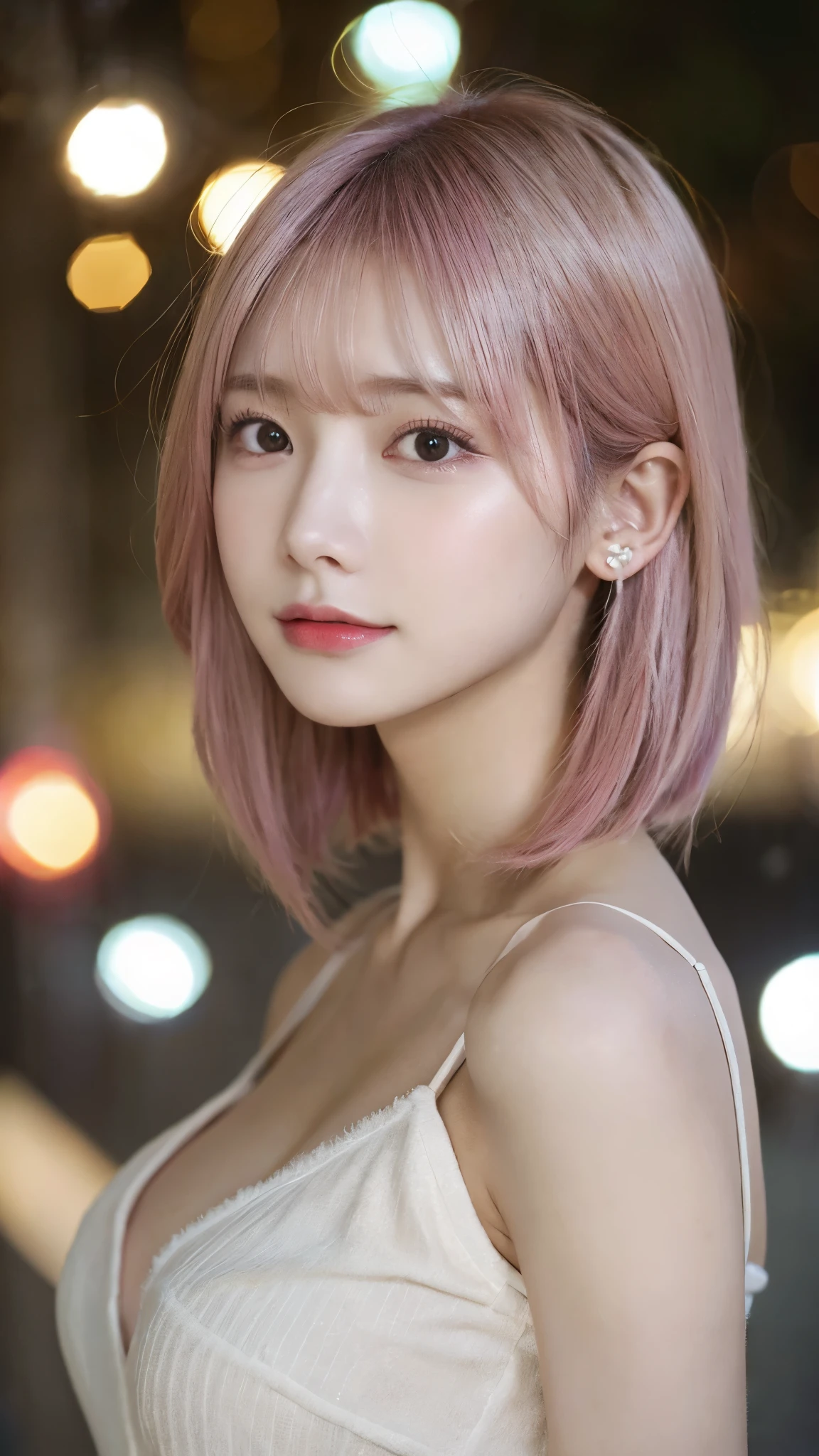Emphasize the cleavage、lightly dressed、exposed、thin white shirt、(highest quality,masterpiece:1.3,超A high resolution,),(super detailed,caustics),(Photoreal:1.4,RAW shooting,)ultra-realistic capture,very detailed,High definition 16K for human skin、 Natural skin texture、、Skin looks even-toned and healthy、 Use natural light and color,one woman,Japanese,,cute,pink haired,middle hair,(Depth of the bounds written、chromatic aberration、、wide range of lighting、natural shading、)、(outdoor lights at night:1.4)、(hair swaying in the wind:1)、short hair、hair ornaments、Put on your ears