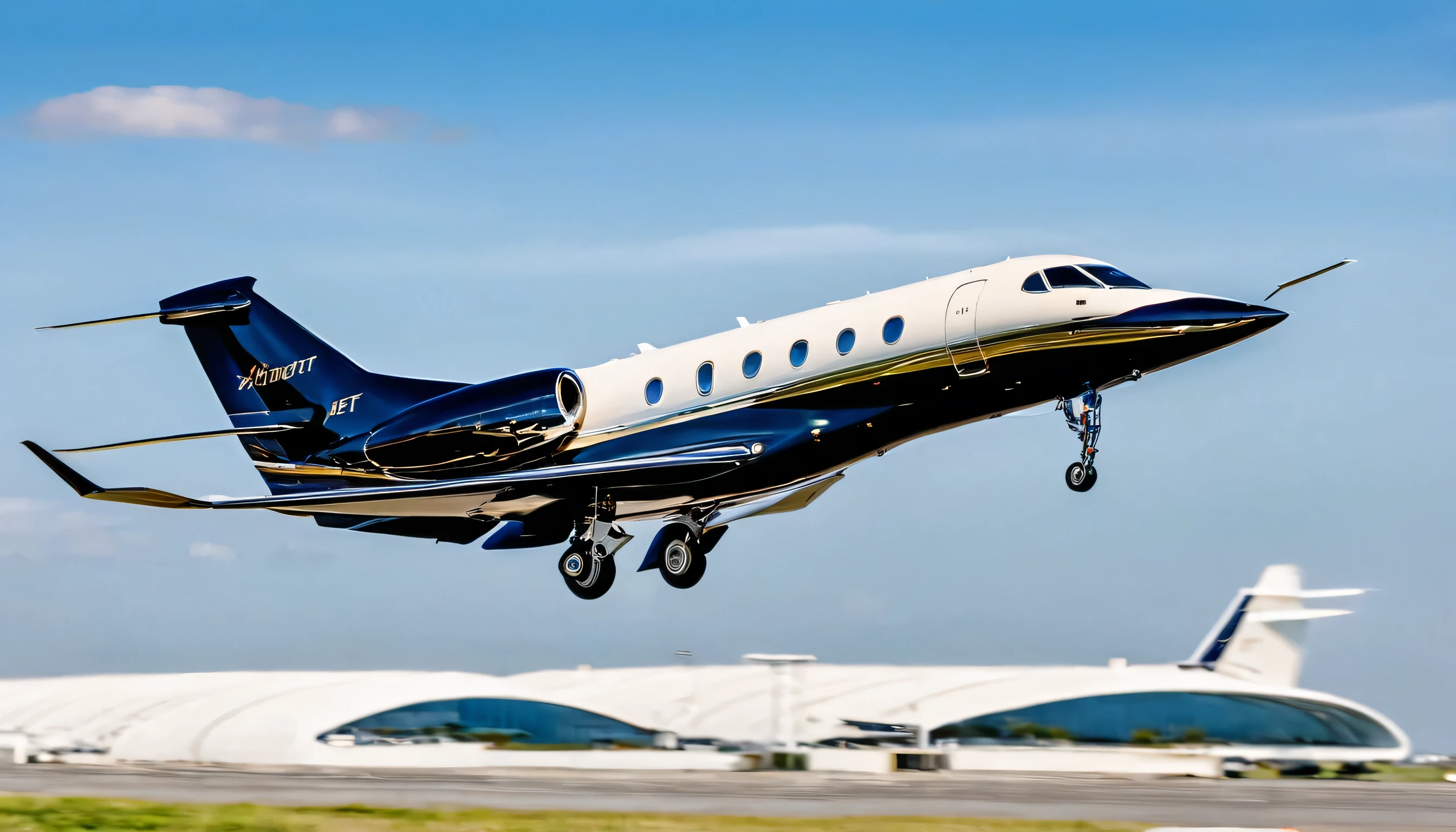 a beautifu ,masterpiece futurastic photo of a beautiful and luxary privet jet taking off from the airport, creating the sound boom behind very futurastic airoplane