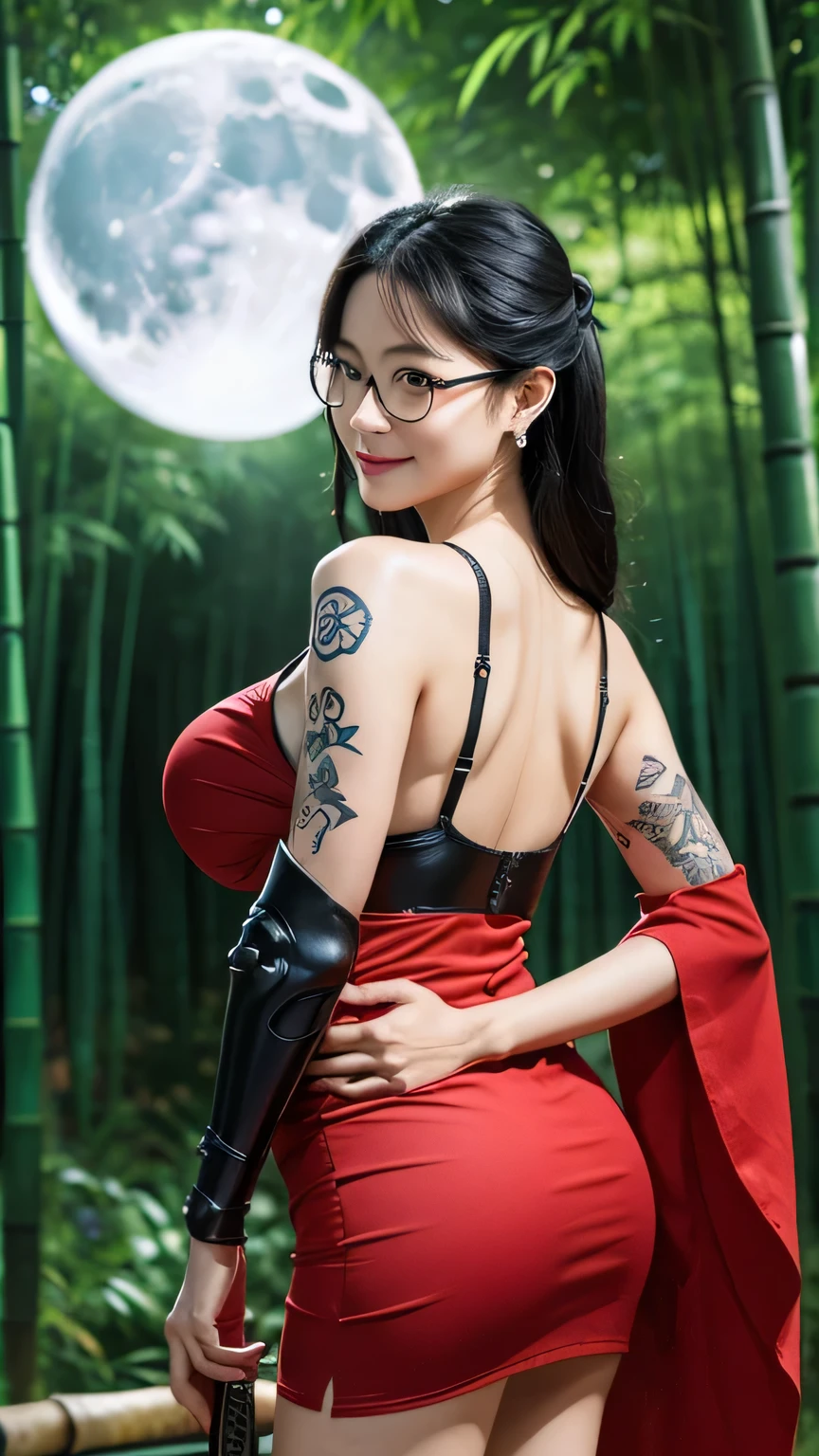 (Sexy Asian mature woman, age around 40th, big breast, glasses, big ass), (red flower kimono, skirt dress, short tight dress, red bra), (standing), (long legs), (bamboo forest), (holding weapon, katana), (blue eyes, very long black hair tied up), (tattoo on body, tattoo on legs, tattoo on breast), (blue eyes), wearing earrings, (knot smiling face), (night scene, moon), (scar in her body), (armor in shoulder), (black wings in back)