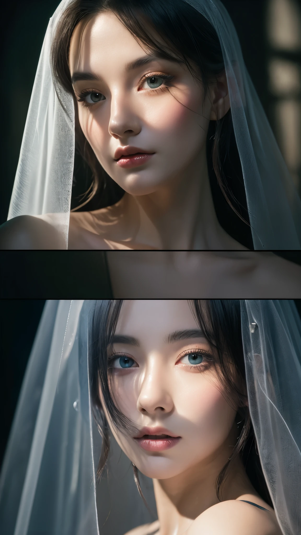 sakimichan style, wallop style, portrait, detailed face, Beautiful woman, plump lips, Opaque Veil, medieval veil, head rail, 12th century, Eyes with heterochromia, iridescent eyes, medieval clothing, Brot, lord of the rings gown, near perfect, beautiful anime style, character panorama, clean and detailed face, shining shadow, beautiful gradation, Depth of the bounds written, pretty graphics, high quality, high detail, High resolution, Luminous Studio graphics engine