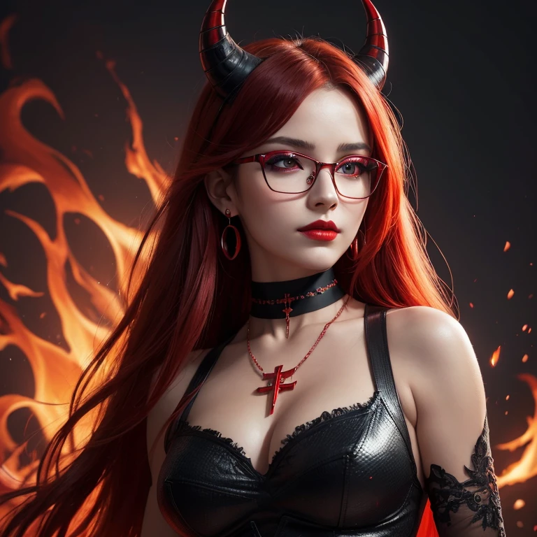 (((full medium shot))), (Masterpiece, photorealistic, photorealism, best quality, ultra-detailed:1.3), (nice hands, perfect hands), official art, cinematic light, (1girl:1.3), adult, red sparkling elegant haired abstract beauty, highly detailed, digital painting, artstation, concept art, dynamic pose, sharp focus, illustration, art by Carne Griffiths and Wadim Kashin, red black and orange colors, red eyes, earrings, long hair, red lips, choker, red hair, glasses, fire demon horns, smirk, no cleavage, demon girl, lips, red and black painted background, busty, cross necklace, makeup, realistic