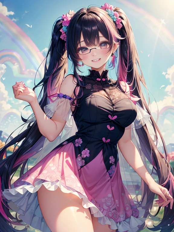 小さなgirl、Glasses、petal、thick thighs、big ass、 (alone:1.5,)Super detailed,bright colors, very beautiful detailed anime face and eyes, look straight, shiny_skin,girl,(((long hair、rainbow colored hair, colorful hair, Half black、half pink hair: 1.2))) 、forehead is exposed.、shiny hair, delicate beautiful face, blush、(turquoise eyes), White skin, Valletta, earrings,、blue flower field、(((See-through、Pink ruffled dress with floral print、purple mini skirt)))、twin tails、smile、smile、Face dyed red