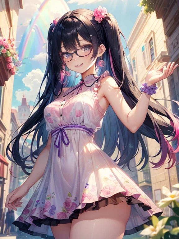 小さなgirl、Glasses、petal、thick thighs、big ass、 (alone:1.5,)Super detailed,bright colors, very beautiful detailed anime face and eyes, look straight, shiny_skin,girl,(((long hair、rainbow colored hair, colorful hair, Half black、half pink hair: 1.2)))  、forehead is exposed.、shiny hair, delicate beautiful face, blush、(turquoise eyes), White skin, Valletta, earrings,、blue flower field、(((See-through、Pink ruffled dress with floral print、purple mini skirt)))、twin tails、smile、smile、Face dyed red