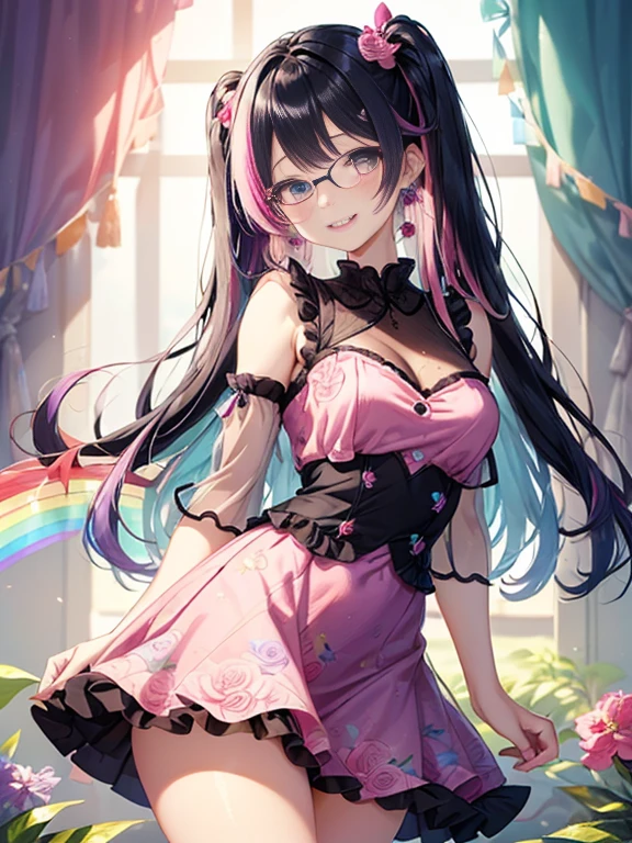 小さなgirl、Glasses、petal、thick thighs、big ass、 (alone:1.5,)Super detailed,bright colors, very beautiful detailed anime face and eyes, look straight, shiny_skin,girl,(((long hair、rainbow colored hair, colorful hair, Half black、half pink hair: 1.2)))  、forehead is exposed.、shiny hair, delicate beautiful face, blush、(turquoise eyes), White skin, Valletta, earrings,、blue flower field、(((See-through、Pink ruffled dress with floral print、purple mini skirt)))、twin tails、smile、smile、Face dyed red