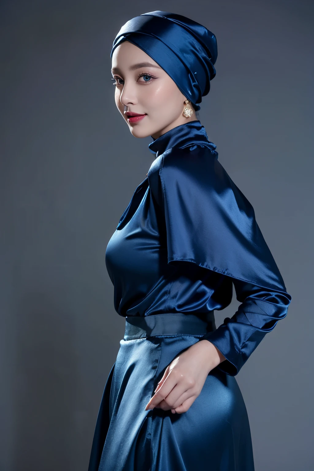  (Masterpiece), realistic, best quality, best lighting, beautiful mature woman, 1 girl photo solo, beautifully makeup, eyeshadow, Parted Lips, Detailed Eyes, ((beautiful big eyes)), long eye lashes, dimples on the cheeks, smile, wearing silk turban hijab, ((Dark blue satin hijab)), loosely tide hijab style, shining silk, satin, blue satin, ((Blue satin shirt and satin long skirt)), (Close-up portrait), Front view, Standing Symmetric Centre, facing the viewer, passports photo, gray background.