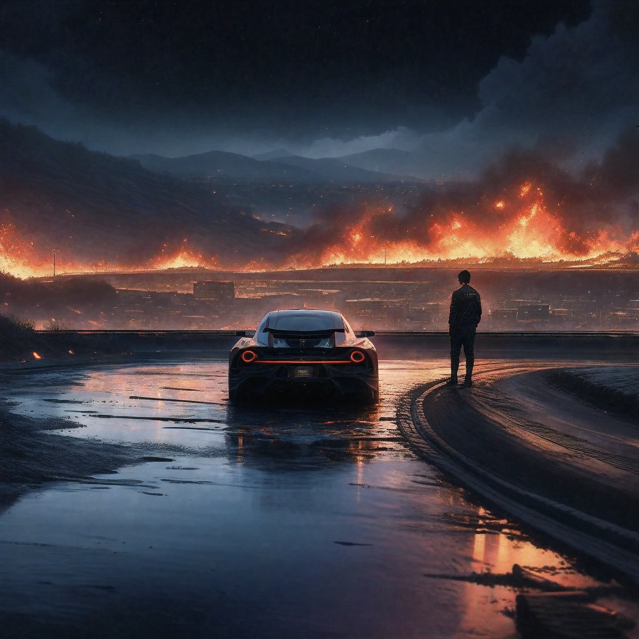 a professional male having attractive physiqui singer standing next to a black superracing car staring into the distance from a hillside road, detailed city on fire far away, night sky, nighttime, beautiful night skies, back view, digital art, cloudy atmosphere, ultra details, 8k, apocalyptic image, ultra detail, broken streetlights, detailed water puddles.