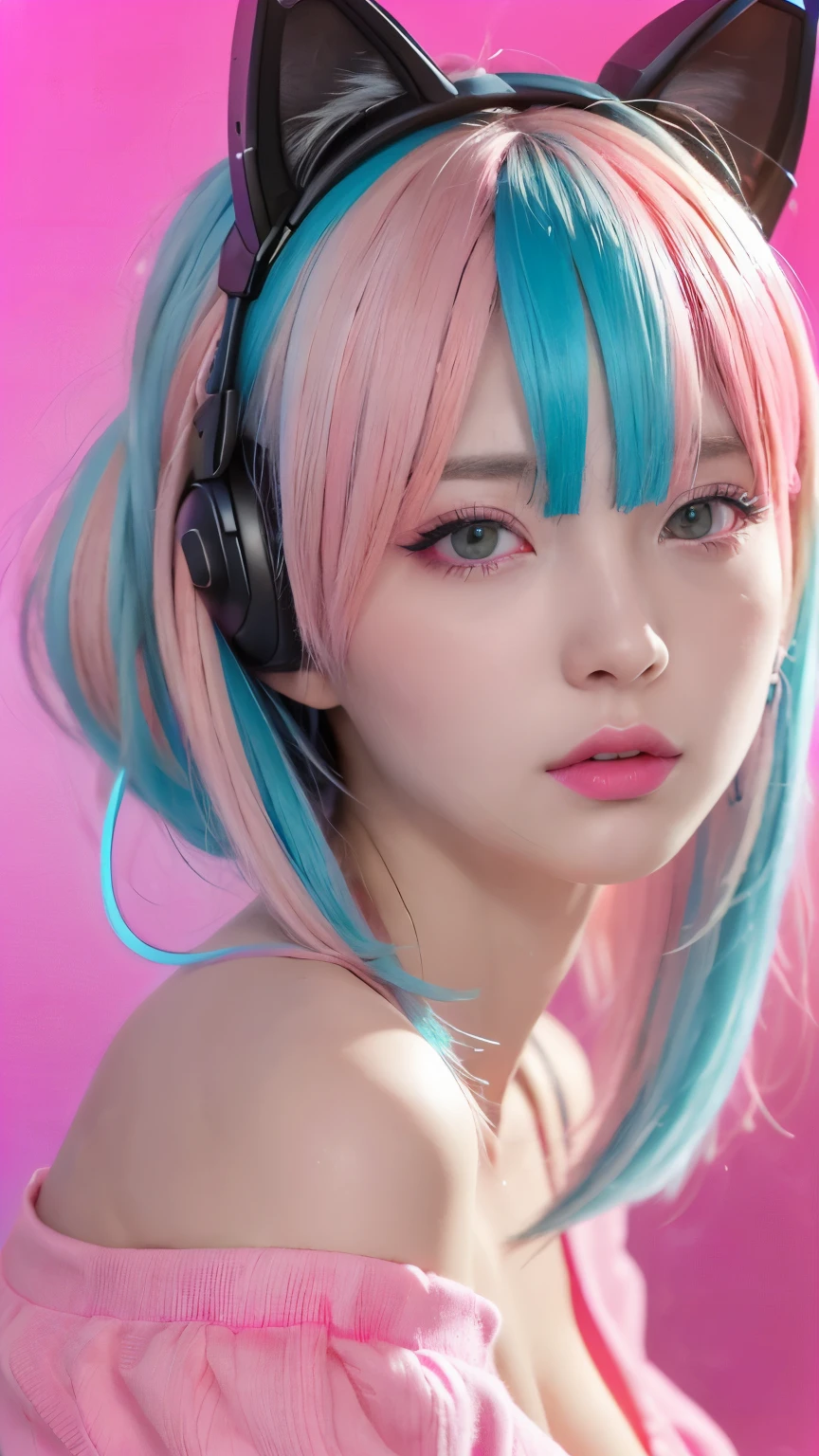 masterpiece, highest quality, 4K, Photorealistic, bokeh, enlightenment,1 perfect portrait of a girl, (A fascinating eye for perfect detail:1.2), colorful hair, (gradient hair), (neon pink hair:1.6), (Cat ear), fantasy background, (exposed bare shoulders), (long-term alienation_sleeve), (lean forward a little), If you look up,hair ornaments,{shy},please shut your mouth, head tilt, movie lighting, oversized clothes, (seductive pose:1.4), (neon pink background:1.6)