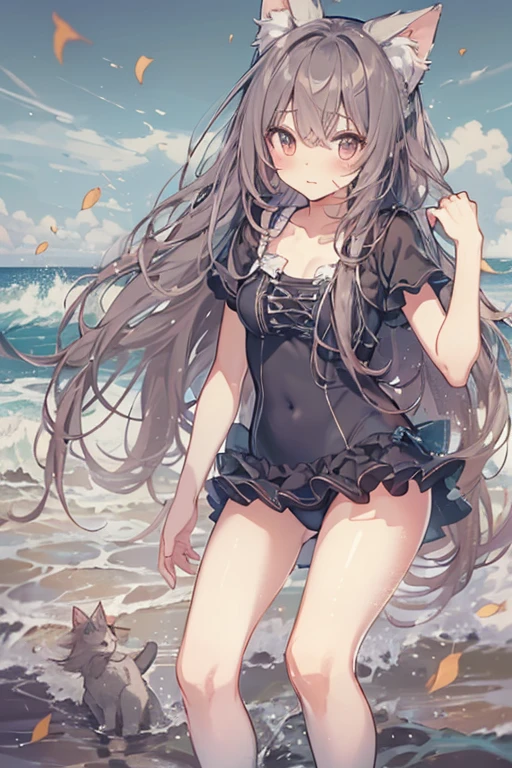 Anime girl sitting on the beach with cat ears ?????, seductive anime girl,has black hair,Yellow eyes, , Beautiful anime girl, Cute anime girl, Anime cute art style, Cute anime waifu wearing black swimsuit, very Beautiful anime cat girl, at the beach, beautiful anime girl, Beautiful anime, Beautiful anime catgirl, Charming anime girl,have beautiful legs,Wearing black strappy high heels