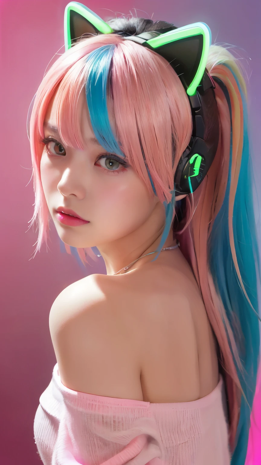 masterpiece, highest quality, 4K, Photorealistic, bokeh, enlightenment,1 perfect portrait of a girl, (A fascinating eye for perfect detail:1.2), colorful hair, (gradient hair), (neon pink hair:1.6), (Cat ear), fantasy background, (exposed bare shoulders), (long-term alienation_sleeve), (lean forward a little), If you look up,hair ornaments,{shy},please shut your mouth, head tilt, movie lighting, oversized clothes, (seductive pose:1.4), (neon pink background:1.6)