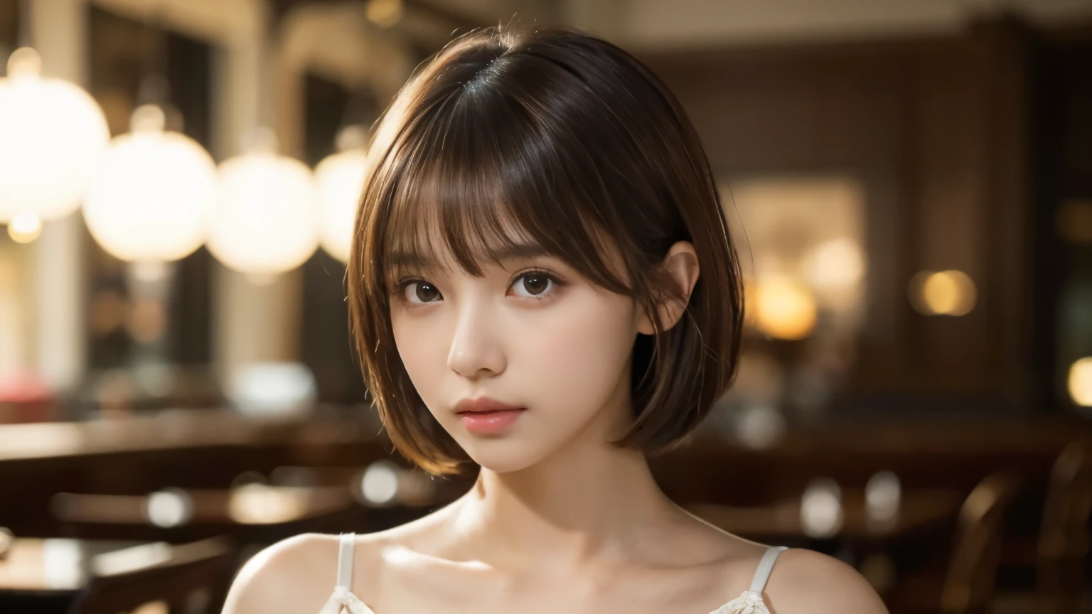 (masterpiece, Super detailed, very detailed, exquisite, 16k, confused), woman, 19 years old, glamorous, (Refreshing breeze:1.4), looking at the viewer, short hair, messy hair, diagonal bangs, brown hair, brown eyes, Upper body, cinematic lighting, Blurry background in focus, inside a stylish cafe, Urban Cafe